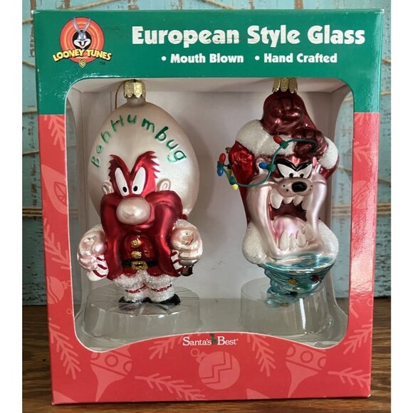 VTG 2000 Looney Tunes Taz and Yosemite Sam Hand Blown Glass Ornaments New - Picture 1 of 7